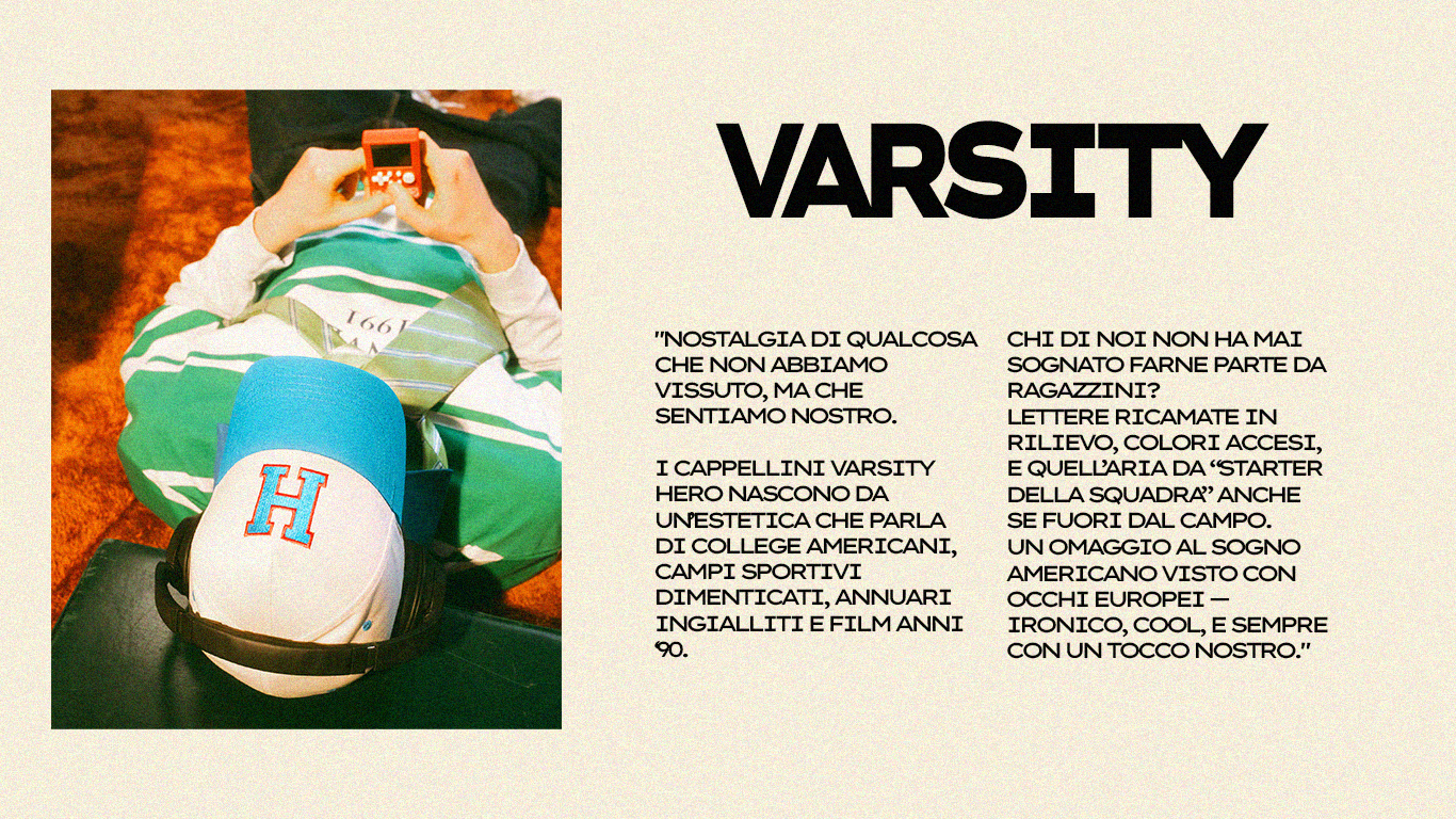 Cappellino baseball bicolore varsity HERO bianco e azzurro con H ricamata, estetica college americano anni '90, visual brand moda streetwear su sfondo editoriale vintage.