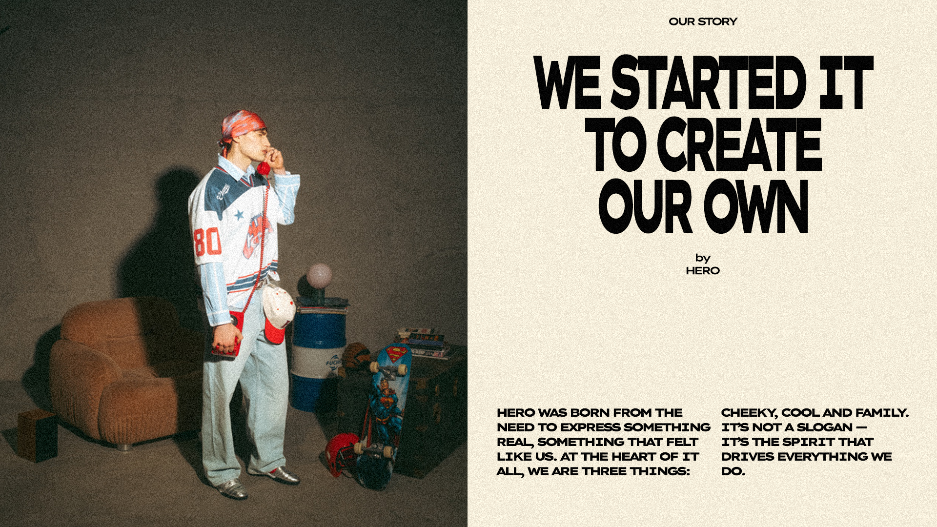 Modello con look streetwear anni '90 indossa capi HERO tra cultura pop e sportiva, accanto a skateboard vintage e fumetti, su sfondo editoriale con mission del brand.